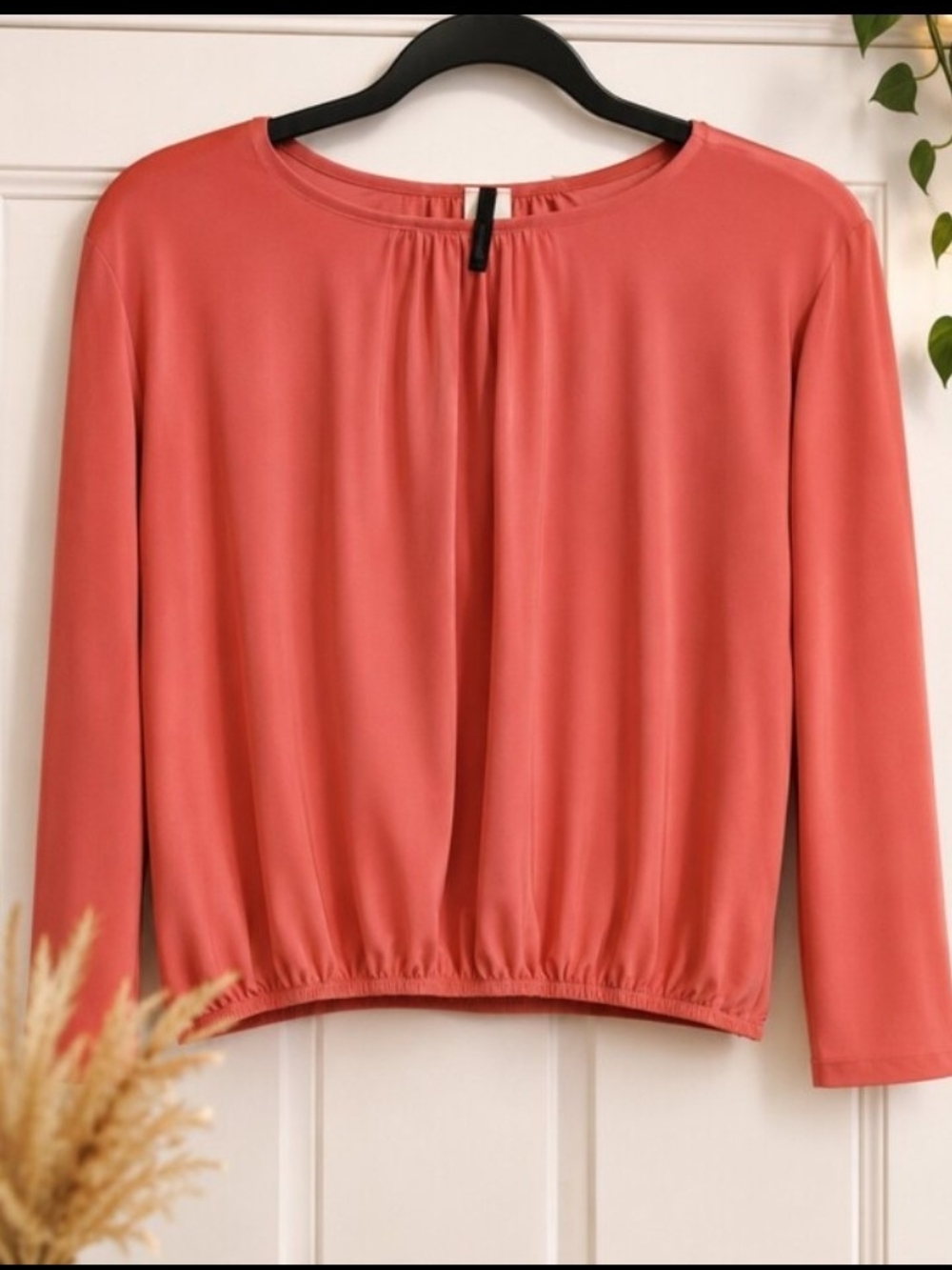 Sololafe Coral Pink Satin Blouse Long Sleeve Pleated Gathered Neck Top Size 8
